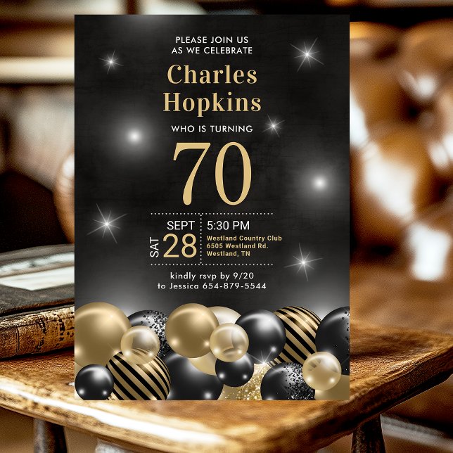 70th Birthday Party Black Gold Balloons Invitation (Creator Uploaded)