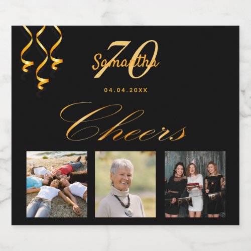 70th birthday party black gold cheers script photo sparkling wine label