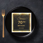 70th birthday party black gold confetti name guy napkins<br><div class="desc">A napkin for an elegant black and gold themed 70th birthday party. Templates for a name, age and date of the party. Golden colored letters. Black background color and a faux gold frame. With classic swirl decor and golden confetti rain, shower. The background is transparent so you can change the...</div>