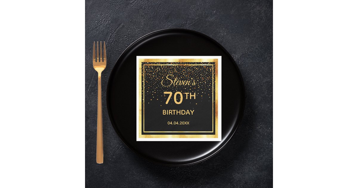 70th birthday party black gold confetti name guy napkins | Zazzle