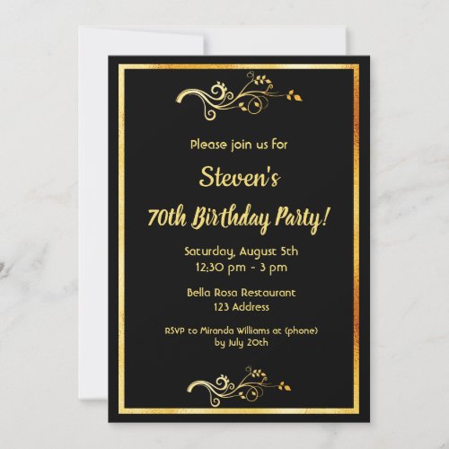 70th birthday party black gold decor guy invitation