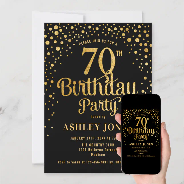 70th Birthday Party - Black & Gold Invitation | Zazzle