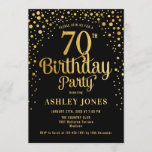 70th Birthday Party - Black & Gold Invitation<br><div class="desc">70th Birthday Party Invitation.
Elegant design in black and faux glitter gold. Features stylish script font and confetti. Message me if you need custom age.</div>