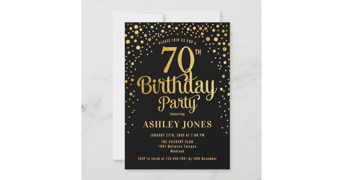 70th Birthday Party - Black & Gold Invitation | Zazzle