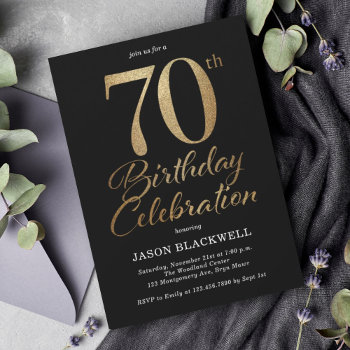 70th Birthday Party Black & Gold Invitation by Maeville at Zazzle