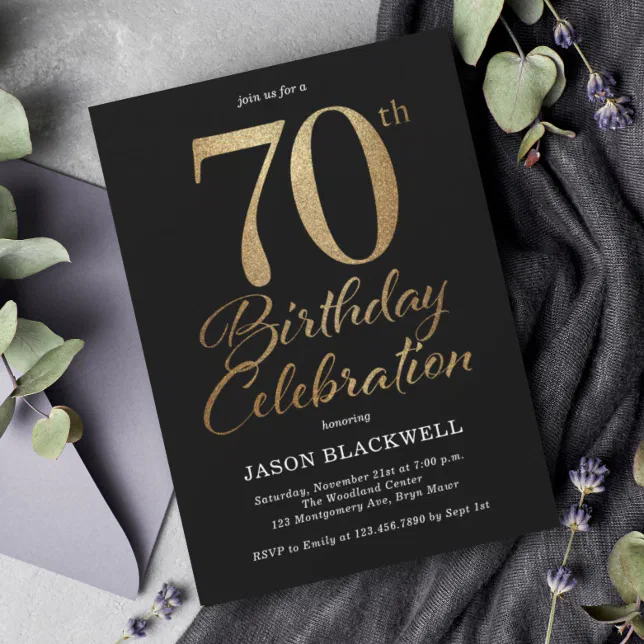 70th Birthday Party Black & Gold Invitation | Zazzle