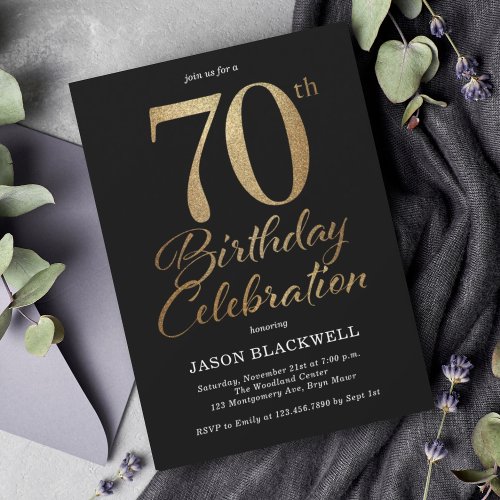 70th Birthday Party Black  Gold Invitation