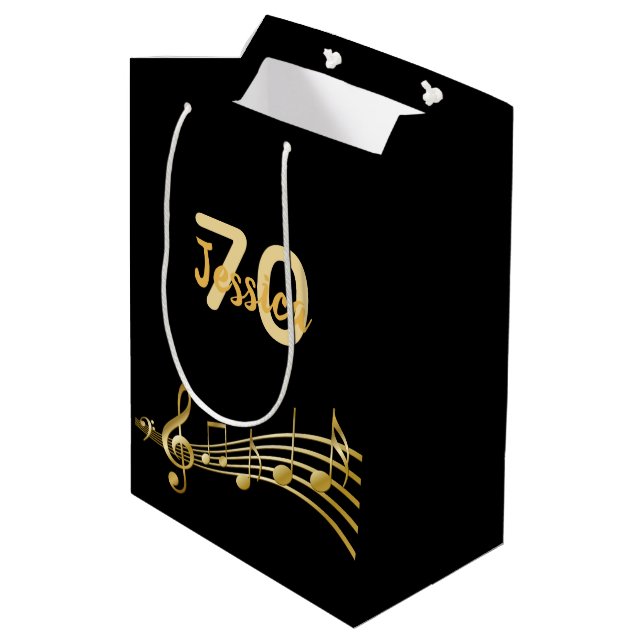 70th Birthday party black gold music notes name Medium Gift Bag (Back Angled)