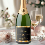 70th birthday party black gold name classic sparkling wine label<br><div class="desc">A wine or sparkling wine bottle label for an elegant black and gold themed 70th birthday party. Templates for a name, age 70, date of birth and date of the anniversary. Golden colored letters. Black background color and a faux gold frame. With classic swirl decor. You can change the background...</div>