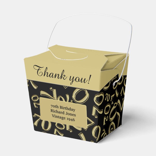 70th Birthday Party Black/Gold Number Pattern Favor Boxes (Front Side)