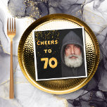 70th birthday party black gold photo napkins<br><div class="desc">A napkin for guys 70th birthday party. Template for your photo.  Black background and the tex: Cheers to 70.  The text is written with a trendy faux gold balloon script. With golden confetti as decor.</div>