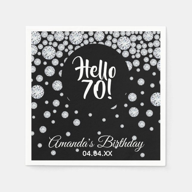 70th birthday party black hello 70 monogram napkins (Front)