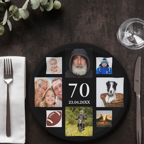 70th birthday party black photo collage guy paper plates