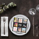70th birthday party black photo collage name napkins<br><div class="desc">A napkin for a girly 70th birthday party,  celebrating her life with a collage of 8 of your photos.  Templates for a name,  age 70 and a date.  Date of birth or the date of the party.  White and gray colored letters.  Black background.</div>