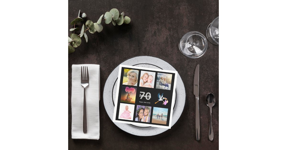 70th birthday party black photo collage name napkins | Zazzle