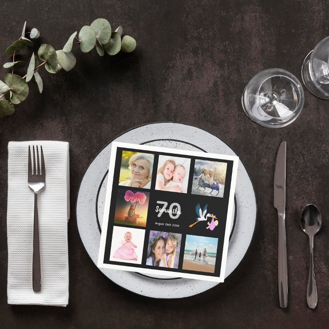 70th birthday party black photo collage name napkins (Creator Uploaded)