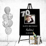 70th birthday party black photo name guy foam board<br><div class="desc">A tapestry for a 70th birthday party.  Black background,  white text.  Personlize and add a high quality photo,  text,  name and date. Number 70 is writen with a faux silver balloon style font. Can be used as wall decor for the party or as a welcome poster.</div>