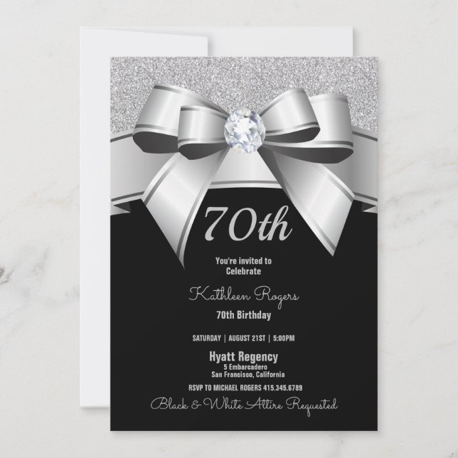 70th Birthday Party Black & Silver Glitter Invite (Front)