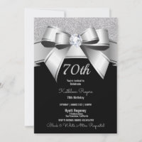 70th Birthday Party Black & Silver Glitter Invite