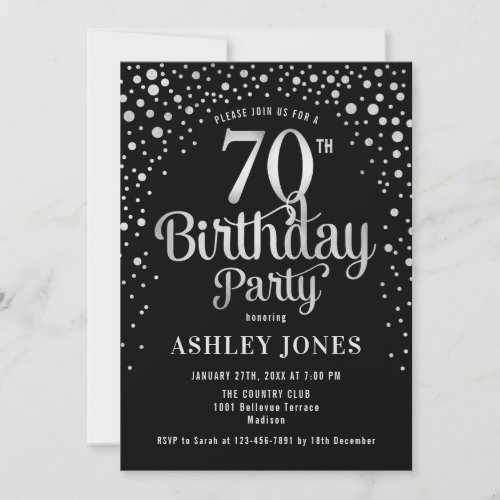 70th Birthday Party _ Black  Silver Invitation