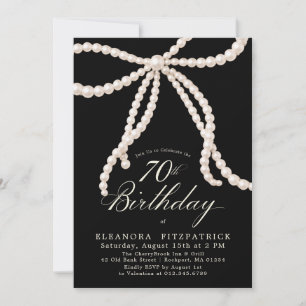 70th Birthday Party Black White Coquette Pearl Bow Invitation