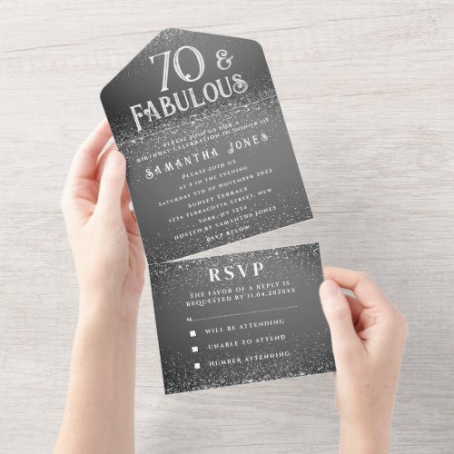 70th Birthday Party Black White Sparkle Modern All In One Invitation