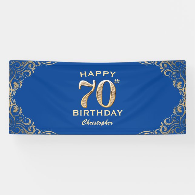 70th Birthday Party Blue and Gold Glitter Frame Banner (Horizontal)