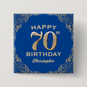 70th Birthday Party Blue and Gold Glitter Frame Button