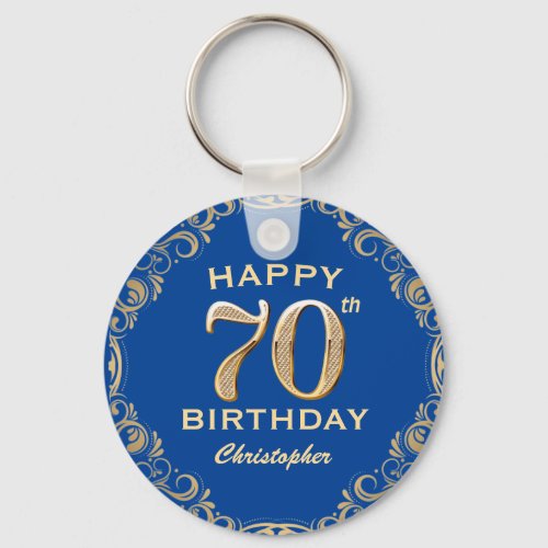 70th Birthday Party Blue and Gold Glitter Frame Keychain