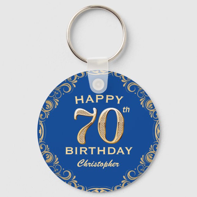 70th Birthday Party Blue and Gold Glitter Frame Keychain (Front)