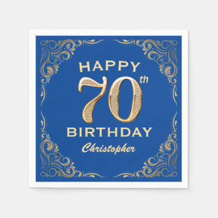 70th Birthday Party Blue and Gold Glitter Frame Napkins