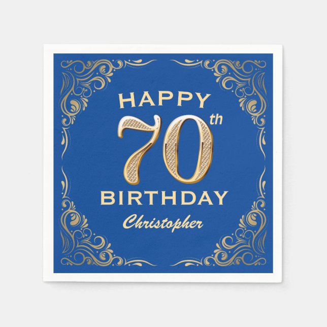 70th Birthday Party Blue and Gold Glitter Frame Napkins (Front)