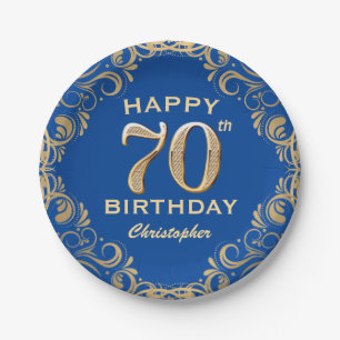 70th Birthday Party Blue and Gold Glitter Frame  Paper Plates