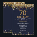 70th Birthday Party Blue and Gold Invitation<br><div class="desc">Elegant Faux gold glitter with shimmering confetti highlights on the top and bottom border. All text is adjustable and easy to change for your own party needs. Great elegant 70th birthday template design.</div>