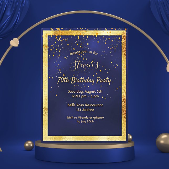 70th birthday party blue gold confetti invitation postcard (Creator Uploaded)