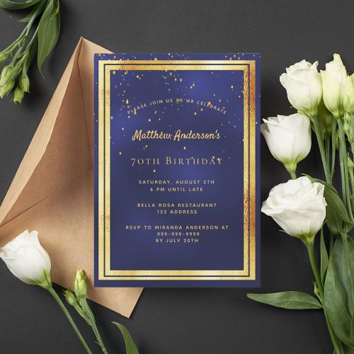 70th birthday party blue gold confetti sprinkle invitation