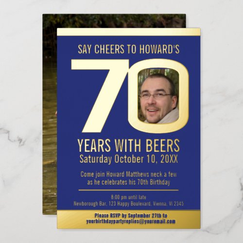 70th Birthday party blue gold foil photo beer Foil Invitation