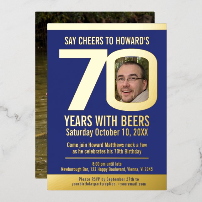 70th Birthday party blue gold foil photo beer Foil Invitation (Front/Back)
