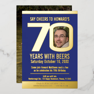 70th Birthday party blue gold foil photo beer Invitation