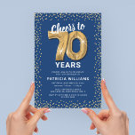 70th Birthday Party Blue Gold Invitation<br><div class="desc">Elevate your milestone celebration with our elegant 70th birthday party invitations! Featuring a versatile blue background, gold sparkly glitter, seventy charming gold helium balloons, and a trendy 70th birthday text that's a breeze to personalize! Add your unique touch to this special day and let your guests anticipate a memorable event....</div>