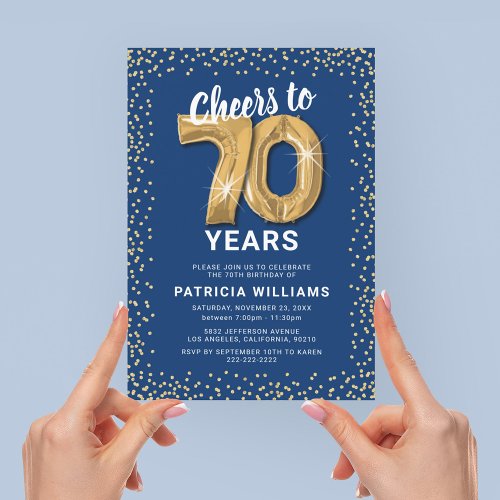 70th Birthday Party Blue Gold Invitation
