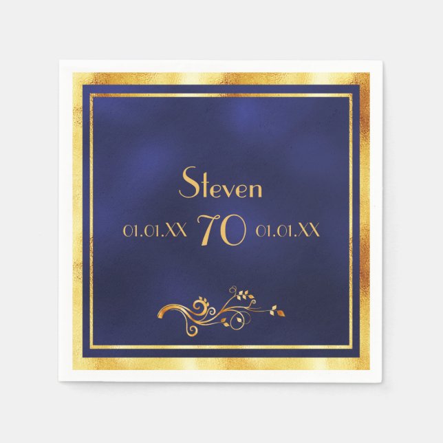 70th birthday party blue gold men guy napkins (Front)