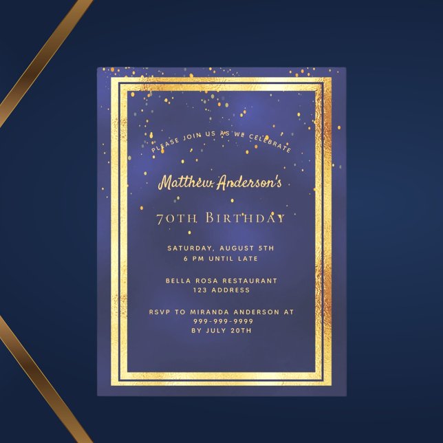 70th birthday party blue gold shiny invitation postcard (Creator Uploaded)
