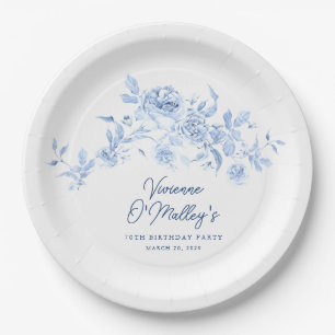 70th Birthday Party Blue Rose Floral Custom Paper Plates