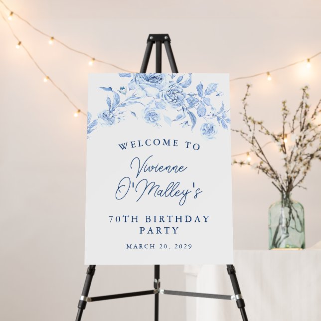 70th Birthday Party Blue Rose Floral Welcome Foam Board (In Situ (Stand))
