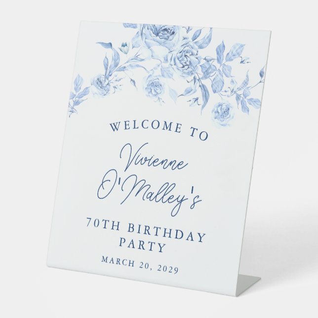 70th Birthday Party Blue Rose Floral Welcome Pedestal Sign (Front)