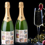 70th birthday party blush photo collage name<br><div class="desc">A bottle label for a 70th birthday party, celebrating her life with a collage of 8 of your photos. Personalize and add a name, age 70 and a date. Date of birth or the date of the party. Gray and dark rose gold colored letters. A girly and feminine rose gold,...</div>