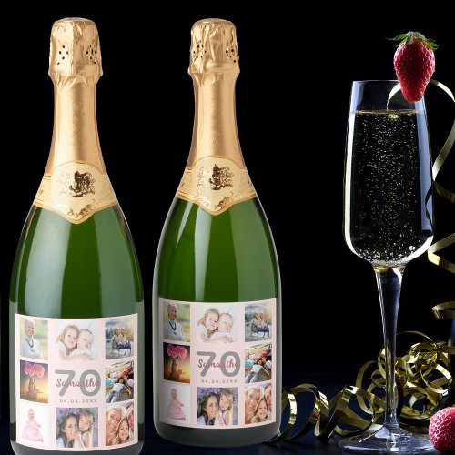 70th birthday party blush photo collage name sparkling wine label