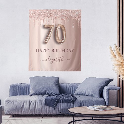 70th birthday party blush pink rose gold glitter tapestry
