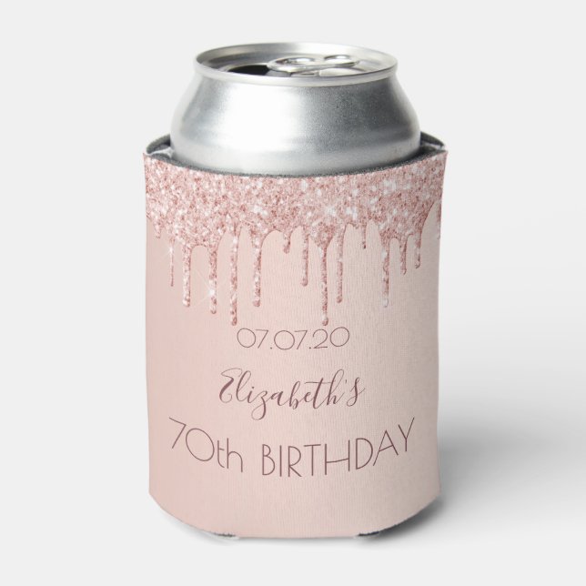 70th birthday party blush rose gold drips can cooler (Can Front)